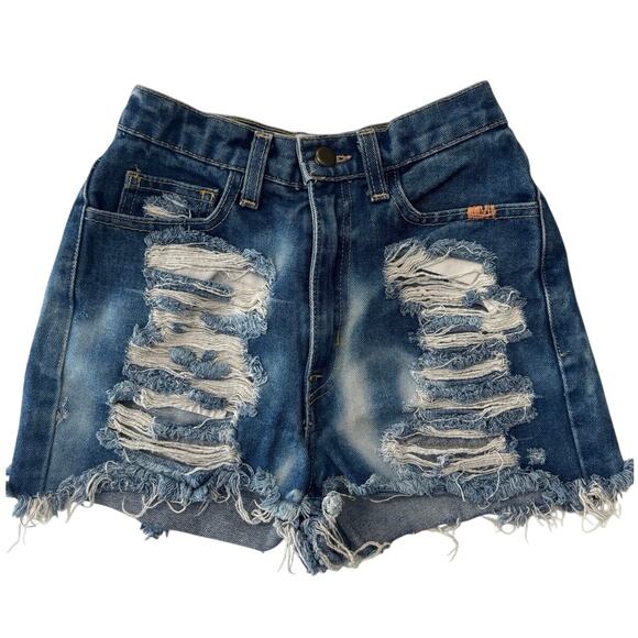 None and/or Unknown Pants - High waisted micro mini shorts size 25 dark wash distressed boho raw hem mom